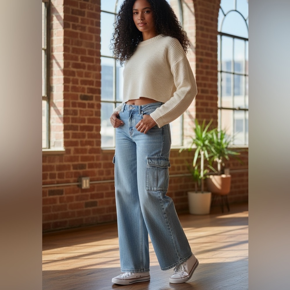 Old Navy Extra High Rise Wide Leg Cargo Light Wash Jeans Size 8